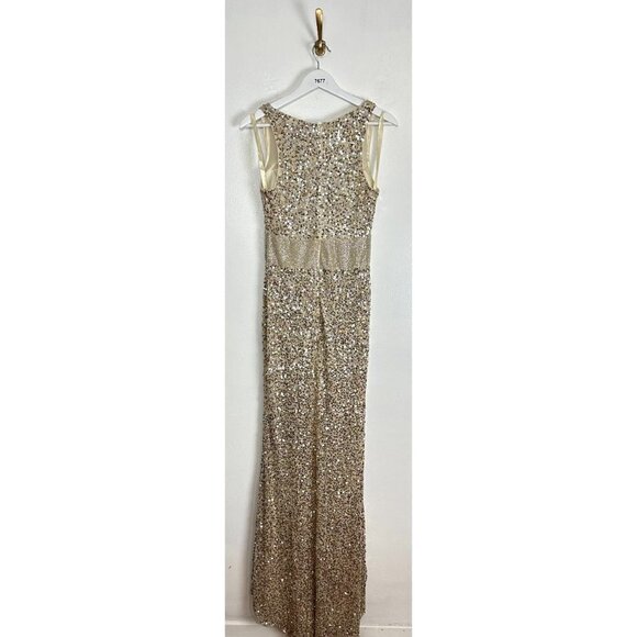MAC DUGGAL Sequined Sleeveless V Neck Column Gown in Nude Gold Size US 2 - Picture 8 of 16
